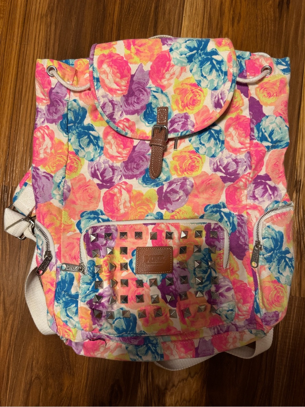 GORGEOUS RARE PINK Victoria's Secret Multicolor Floral STUDDED Canvas Backpack😍